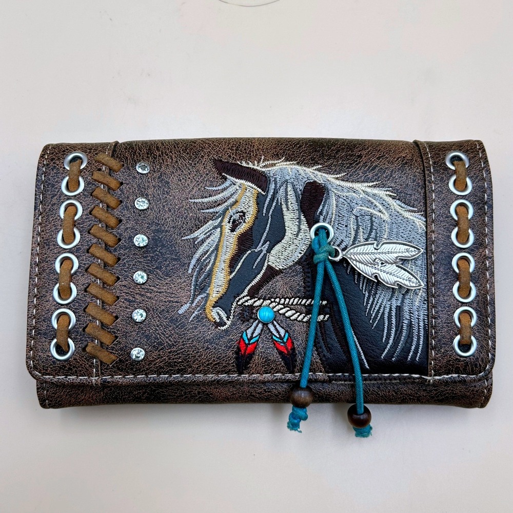 Western Horse Embroidered Trifold Wallet Brown Rhinestone Feather crossover bag